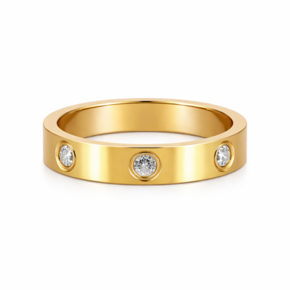 Minimal gold ring with three bezel-set diamonds, flat band design, product photo on white background