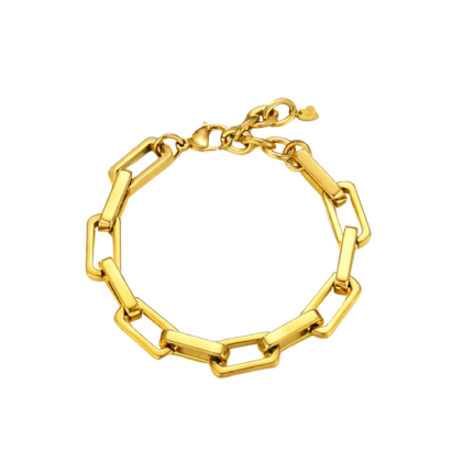 Ontwerp zonder titel (1) Gold stainless steel link bracelet with modern rectangular chain design on white background