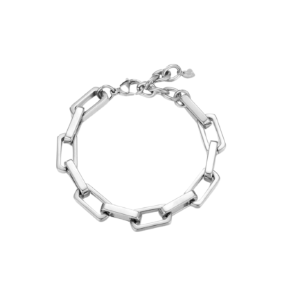 Silver stainless steel link bracelet with modern rectangular chain design on white background