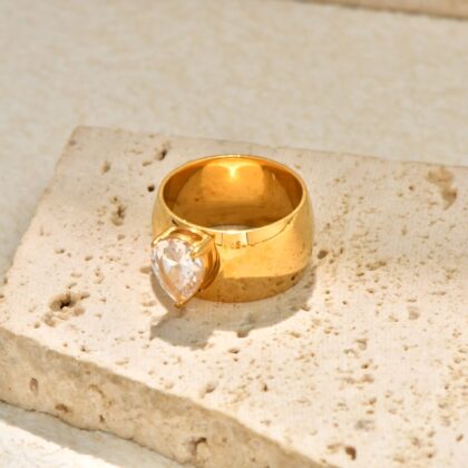 Vintage gold droplet statement ring with zircon stone on chunky stainless steel band