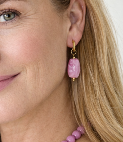 pink resin drop earrings with gold stainless steel hoops irregular shape