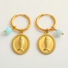 18K gold plated fish coin hoop earrings with turquoise bead on stainless steel hoops