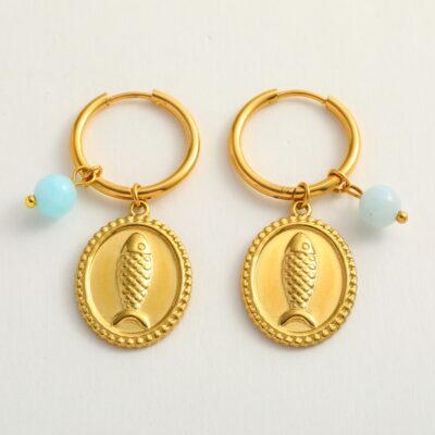 18K gold plated fish coin hoop earrings with turquoise bead on stainless steel hoops