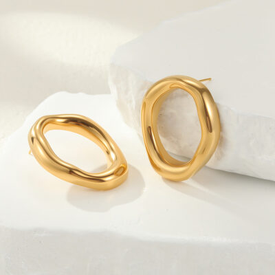 Golden Sculptural Hoop Earrings, Stainless Steel Statement Earrings (Minimal Oval Design)