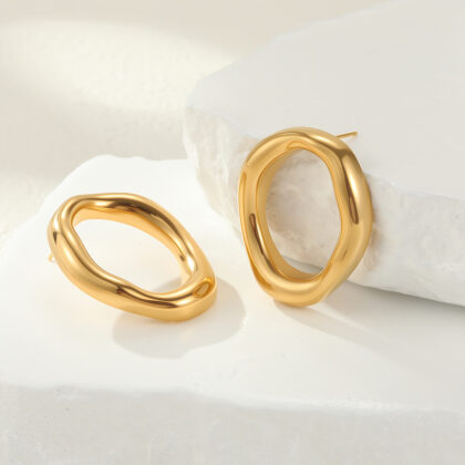 Golden Sculptural Hoop Earrings, Stainless Steel Statement Earrings (Minimal Oval Design)