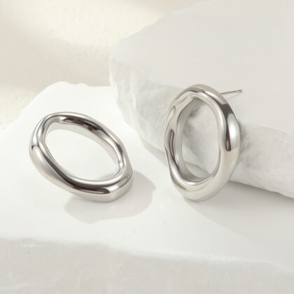 silver stainless steel sculptural oval earrings statement hoops 3.4 cm women jewelry