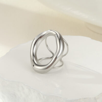 silver stainless steel sculptural ring organic shape adjustable modern women jewelry