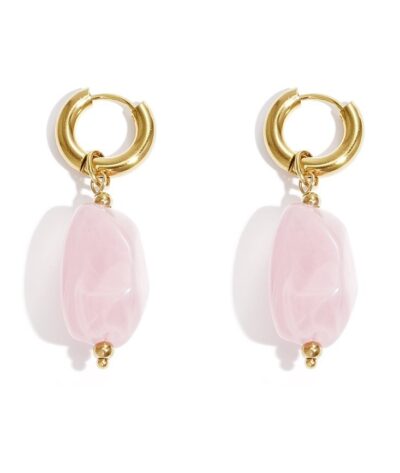 pink resin drop earrings with gold stainless steel hoops irregular shape