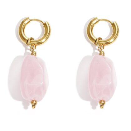 pink resin drop earrings with gold stainless steel hoops irregular shape