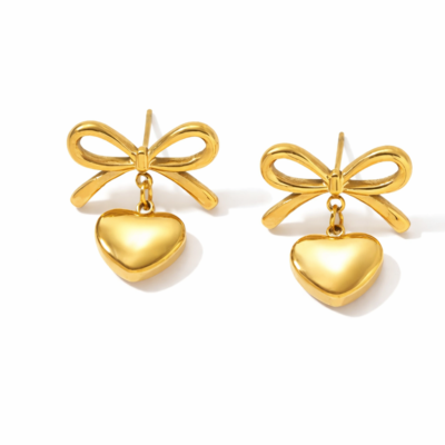 Gold bow heart earrings made from stainless steel with dangling heart charm – elegant romantic women’s jewellery