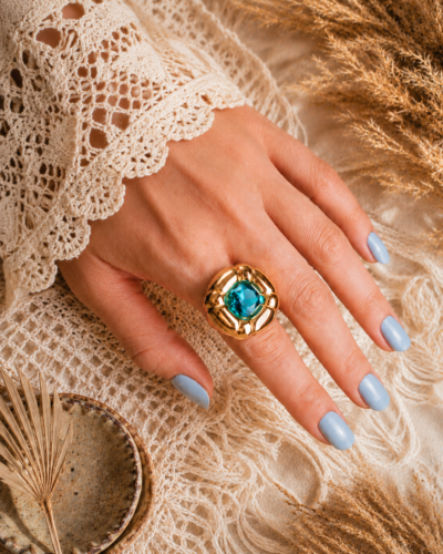 ChatGPT Image 14 jun 2026, 14_42_52 18K Gold Plated Geometric Statement Ring, Waterproof Non-Tarnish Stainless Steel with Blue Glass Inlay (US Size 7 / EU 54)
