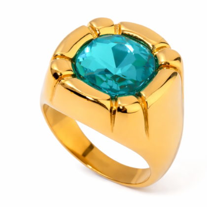 Gold plated geometric ring with large oval blue glass stone, stainless steel, waterproof non tarnish, women's statement ring US size 7 EU 5
