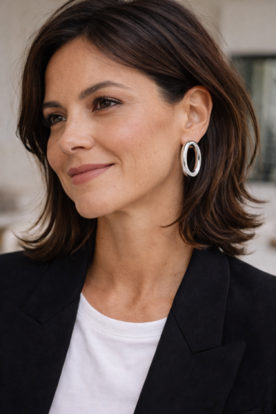 Silver Sculptural Hoop Earrings, Stainless Steel Statement Earrings (Minimal Oval Design)