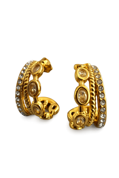 small gold stainless steel hoop earrings 1.7 cm with layered design and sparkling stones