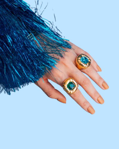 18K Gold Plated Blue Stone Ring – Waterproof Geometric Statement Ring (Stainless Steel, US 7 / EU 54) Gold plated geometric ring with large oval blue glass stone, stainless steel, waterproof non tarnish, women's statement ring US size 7 EU 54