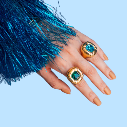 Gold plated geometric ring with large oval blue glass stone, stainless steel, waterproof non tarnish, women's statement ring US size 7 EU 54