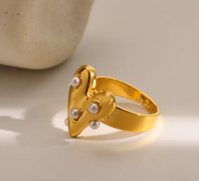 Golden Heart Pearl Ring Adjustable Stainless Steel