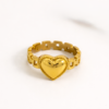 Gold chain ring with beaded heart design, 1.8 cm wide and 0.95 cm high