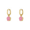 gold stainless steel mini hoop earrings with pink enamel flower charm lightweight 2cm