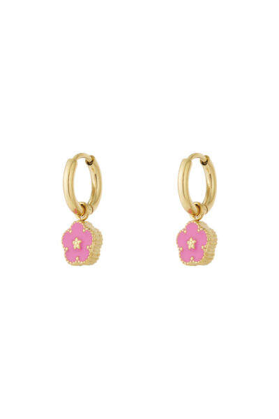 gold stainless steel mini hoop earrings with pink enamel flower charm lightweight 2cm