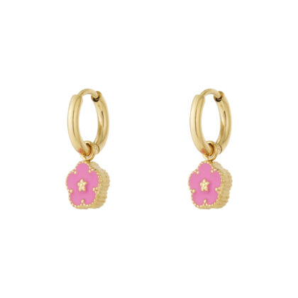gold stainless steel mini hoop earrings with pink enamel flower charm lightweight 2cm