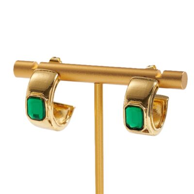gold plated stainless steel hoop earrings with green emerald like stone
