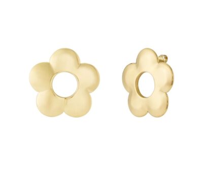Gold flower earrings made of stainless steel on a shell dish, minimal and waterproof jewelry design