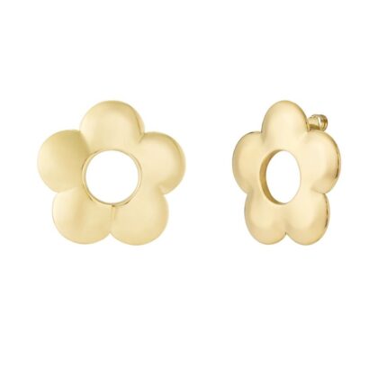 Gold flower earrings made of stainless steel on a shell dish, minimal and waterproof jewelry design