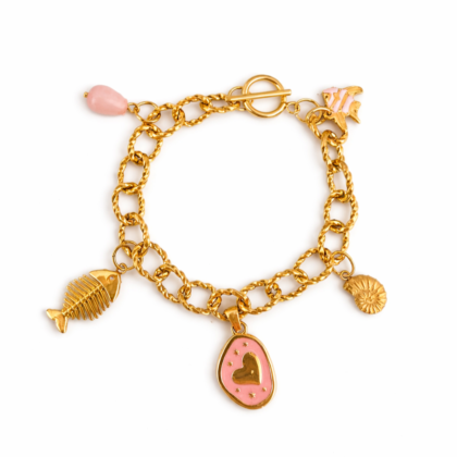 One of a kind gold stainless steel charm bracelet with pink heart, shell and fishbone charms designed by Lisette Wild Lola