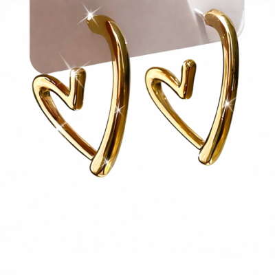 Chunky gold heart earrings with open design, stainless steel, 2.3 cm width