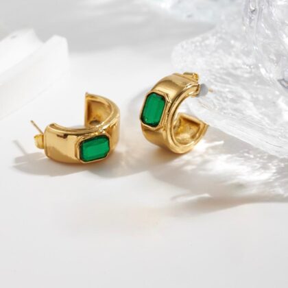 gold plated stainless steel hoop earrings with green emerald stone