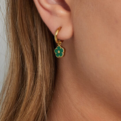 gold stainless steel mini hoop earrings with green enamel flower charm lightweight 2cm