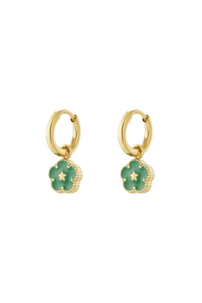 gold stainless steel mini hoop earrings with green enamel flower charm lightweight 2cm