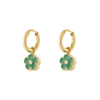 gold stainless steel mini hoop earrings with green enamel flower charm lightweight 2cm