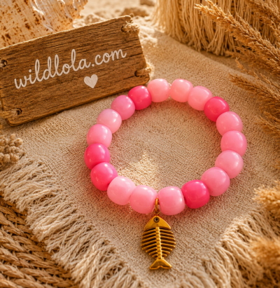 π Wild Lola Fishbone Bracelet β Pink Handmade colorful acrylic bead bracelet with a gold fishbone charm displayed on a boho beach-inspired background.