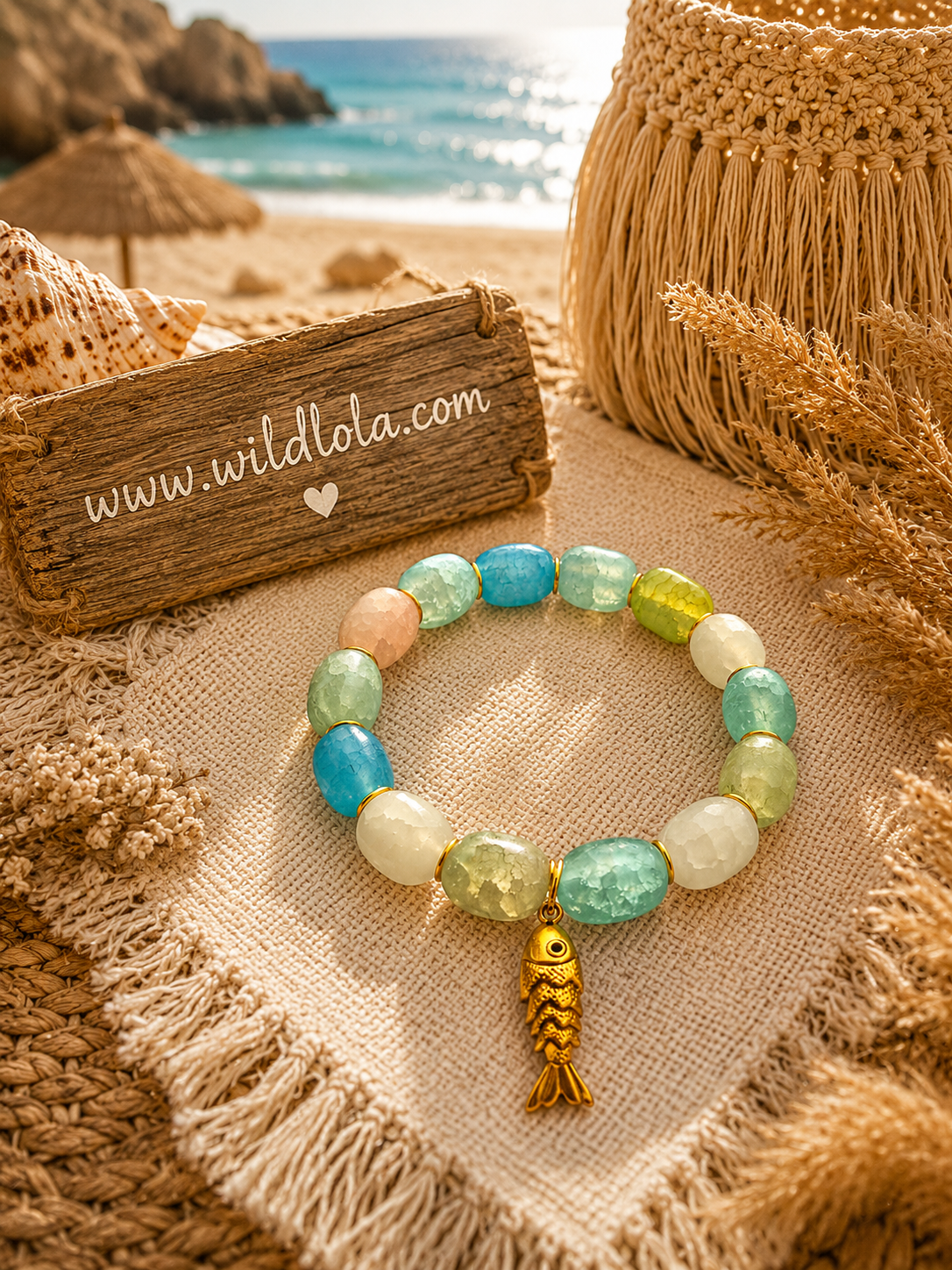 Wild Lola Ocean Treasure Bracelet β Large Fit Large-fit turquoise and seafoam stretch bracelet with crackle beads and gold fish charm by Wild Lola.
