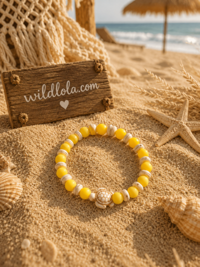 ChatGPT Image 31 mei 2026, 18_46_47 Yellow acrylic bead bracelet with beach-inspired charm and turtle detail displayed on sandy beach background with Wild Lola sign.
