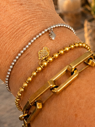 Sweet7 Elastic Beaded Bracelet with Shell Charm – Silver Stainless Steel 17.5 cm