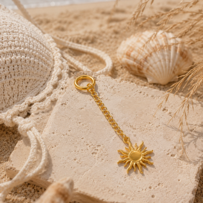 Gold sun bikini charm with delicate chain displayed on a sandy beach in a boho-inspired summer setting.