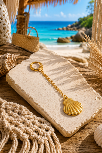 Gold Seashell Bikini Charm Gold stainless steel bikini charm with a seashell pendant and clip attachment.