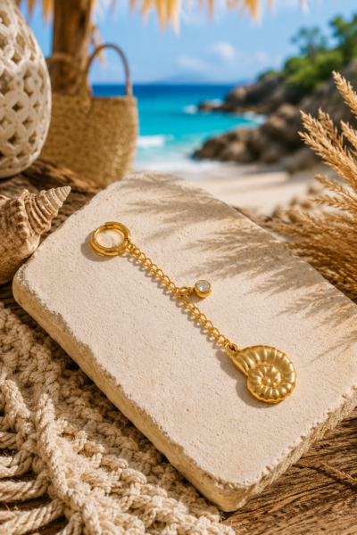 Golden Nautilus Bikini Charm Gold stainless steel nautilus shell bikini charm with crystal detail, waterproof beach accessory for bikinis and summer styling.