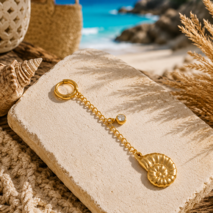 Golden Nautilus Bikini Charm Gold stainless steel nautilus shell bikini charm with crystal detail, waterproof beach accessory for bikinis and summer styling.