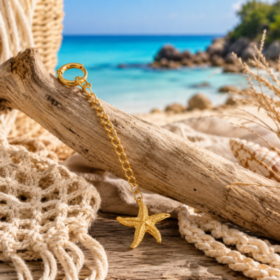 Starfish Bikini Charm Gold Gold starfish bikini charm with chain and clip, displayed as a beach-inspired bikini accessory.