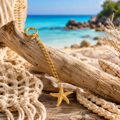Starfish Bikini Charm Gold Gold starfish bikini charm with chain and clip, displayed as a beach-inspired bikini accessory.