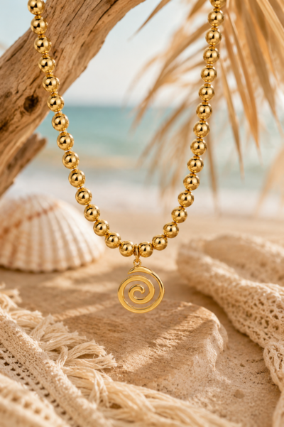 Golden Spiral Necklace Gold stainless steel necklace with polished bead chain and spiral pendant charm.