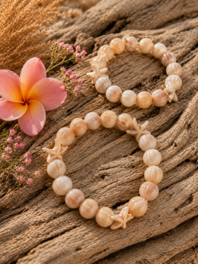 Handmade beige acrylic bead bracelet with starfish accents displayed on driftwood.